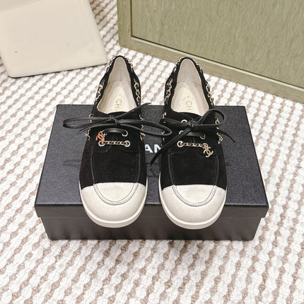 CHANEL 25S MOCCASINS IN BLACK AND LIGHT GREY SUEDE