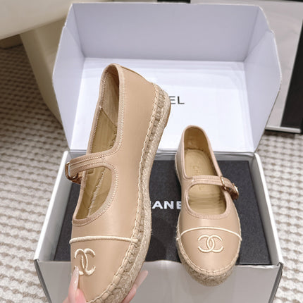 CHANEL 26S MARY JANE FLATS IN BEIGE LAMBSKIN ESPADRILLE SOLE