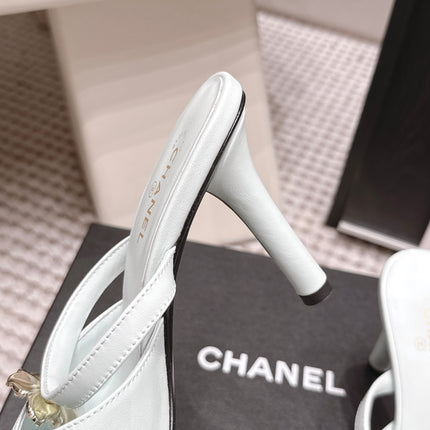 CHANEL 26S SQUARE TOE HIGH HEEL SANDALS 50 MM IN LIGHT BLUE CALFSKIN