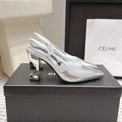 CHANEL 26S HIGH HEEL SLINGBACKS 80 MM IN SILVER PATENT