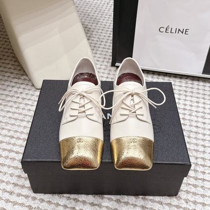 CHANEL 26S LACE-UP OXFORD SHOES IN LIGHT BEIGE CALFSKIN WITH GOLD TOE CAP