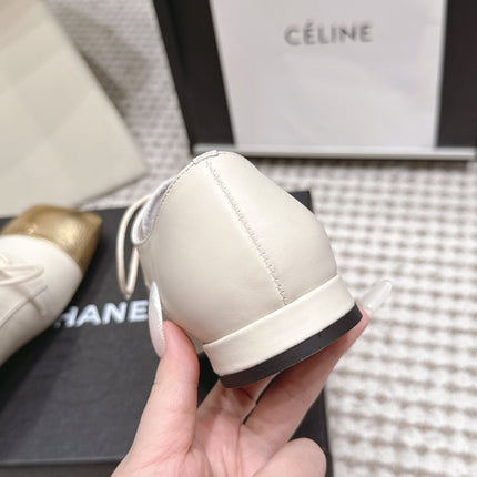 CHANEL 26S LACE-UP OXFORD SHOES IN LIGHT BEIGE CALFSKIN WITH GOLD TOE CAP