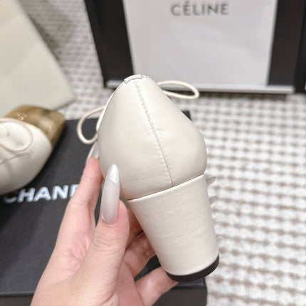 CHANEL 26S LACE-UP OXFORD HEELS IN LIGHT BEIGE CALFSKIN WITH GOLD TOE CAP