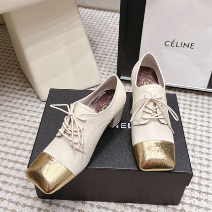 CHANEL 26S LACE-UP OXFORD HEELS IN LIGHT BEIGE CALFSKIN WITH GOLD TOE CAP