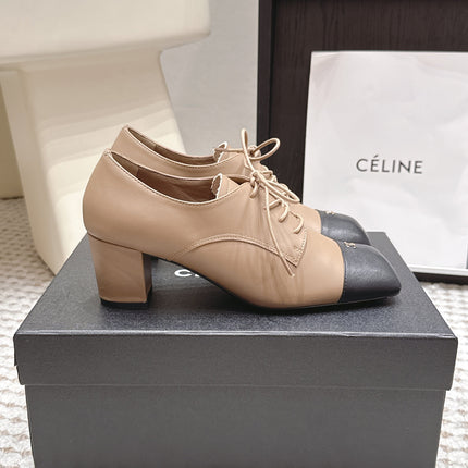CHANEL 26S LACE-UP OXFORD HEELS IN LIGHT BROWN CALFSKIN WITH BLACK TOE CAP