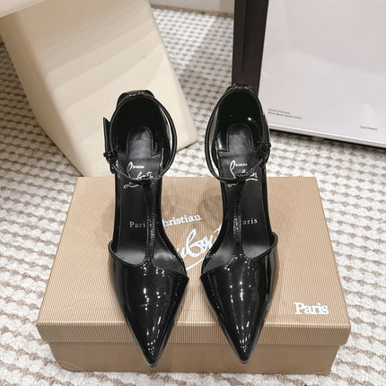 CHRISTIAN LOUBOUTIN 26S T-STRAP PUMP 100 MM IN BLACK PATENT CALFSKIN