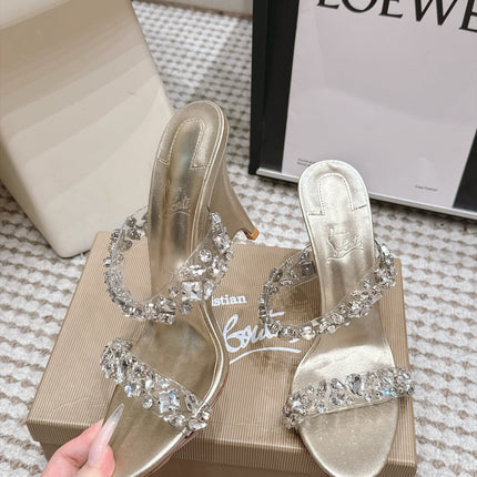 CHRISTIAN LOUBOUTIN 26S HEEL SANDALS 100 MM IN LIGHT METALLIC GOLD RHINESTONE-EMBELLISHED CALFSKIN AND PVC