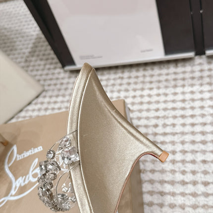 CHRISTIAN LOUBOUTIN 26S HEEL SANDALS 100 MM IN LIGHT METALLIC GOLD RHINESTONE-EMBELLISHED CALFSKIN AND PVC