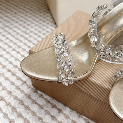 CHRISTIAN LOUBOUTIN 26S HEEL SANDALS 100 MM IN LIGHT METALLIC GOLD RHINESTONE-EMBELLISHED CALFSKIN AND PVC