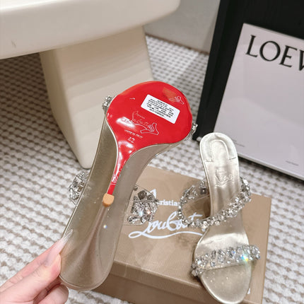 CHRISTIAN LOUBOUTIN 26S HEEL SANDALS 100 MM IN LIGHT METALLIC GOLD RHINESTONE-EMBELLISHED CALFSKIN AND PVC