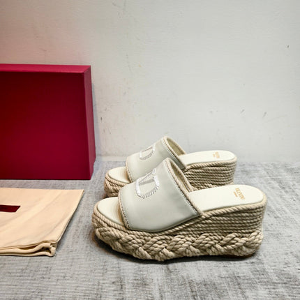 VALENTINO 26S WEDGE SLIDE SANDALS 110MM IN IVORY WHITE CALFSKIN WITH BRAIDED ROPE PLATFORM