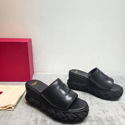 VALENTINO 26S WEDGE SLIDE SANDALS 110MM IN BLACK CALFSKIN WITH BRAIDED ROPE PLATFORM
