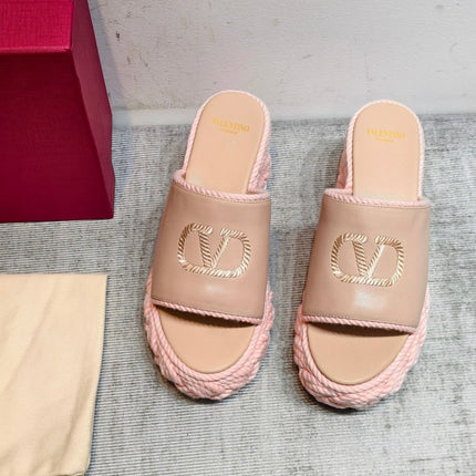 VALENTINO 26S WEDGE SLIDE SANDALS 110MM IN LIGHT PINK CALFSKIN WITH BRAIDED ROPE PLATFORM