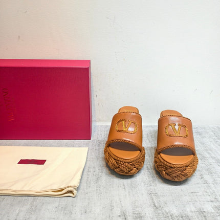 VALENTINO 26S WEDGE SLIDE SANDALS 110MM IN TAN BROWN CALFSKIN WITH BRAIDED ROPE PLATFORM