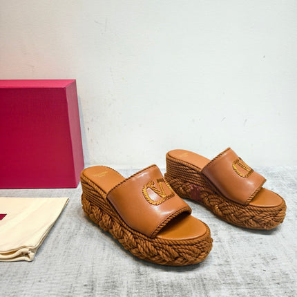 VALENTINO 26S WEDGE SLIDE SANDALS 110MM IN TAN BROWN CALFSKIN WITH BRAIDED ROPE PLATFORM