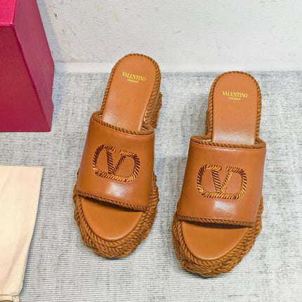 VALENTINO 26S WEDGE SLIDE SANDALS 110MM IN TAN BROWN CALFSKIN WITH BRAIDED ROPE PLATFORM