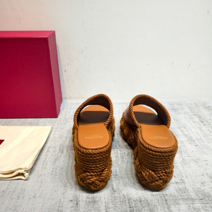 VALENTINO 26S WEDGE SLIDE SANDALS 110MM IN TAN BROWN CALFSKIN WITH BRAIDED ROPE PLATFORM