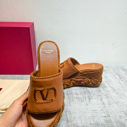 VALENTINO 26S WEDGE SLIDE SANDALS 110MM IN TAN BROWN CALFSKIN WITH BRAIDED ROPE PLATFORM