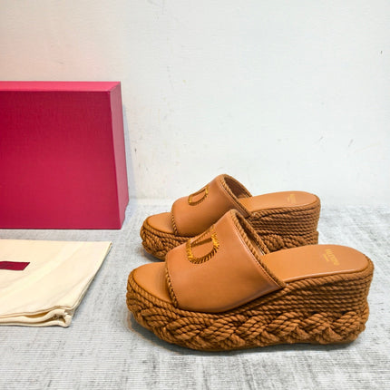 VALENTINO 26S WEDGE SLIDE SANDALS 110MM IN TAN BROWN CALFSKIN WITH BRAIDED ROPE PLATFORM