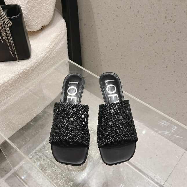 LOEWE 26S WOVEN HEEL SANDALS 50 MM IN BLACK LAMBSKIN