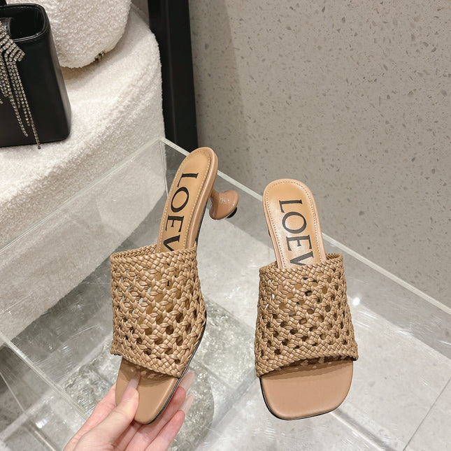 LOEWE 26S WOVEN HEEL SANDALS 50 MM IN DARK BEIGE LAMBSKIN