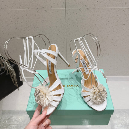 AQUAZZURA 26S HIGH-HEEL SANDALS 100 MM IN WHITE WOVEN RAFFIA