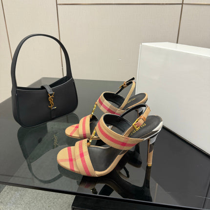 BURBERRY 26S HIGH-HEELED SANDALS 100 MM IN LIGHT BROWN STRIPES FABRIC