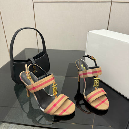 BURBERRY 26S HIGH-HEELED SANDALS 100 MM IN LIGHT BROWN STRIPES FABRIC