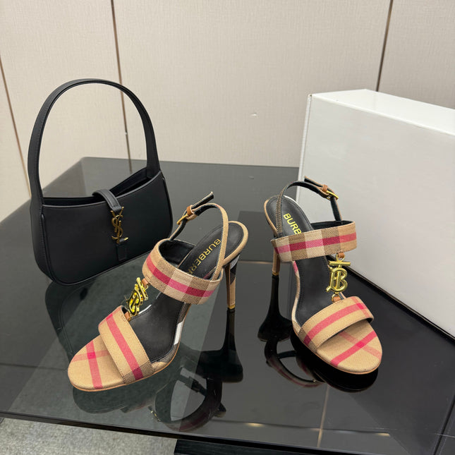 BURBERRY 26S HIGH-HEELED SANDALS 100 MM IN LIGHT BROWN STRIPES FABRIC