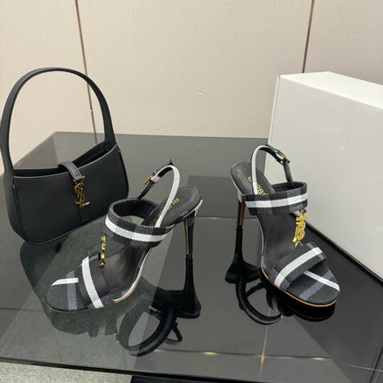 BURBERRY 26S HIGH-HEELED SANDALS 100 MM IN BLACK AND WHITE STRIPES FABRIC