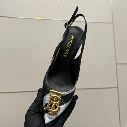 BURBERRY 26S SLINGBACK HEELS 85 MM IN STRIPED COLOR COORDINATION FABRIC WITH GOLD HARDWARE STYLE 6