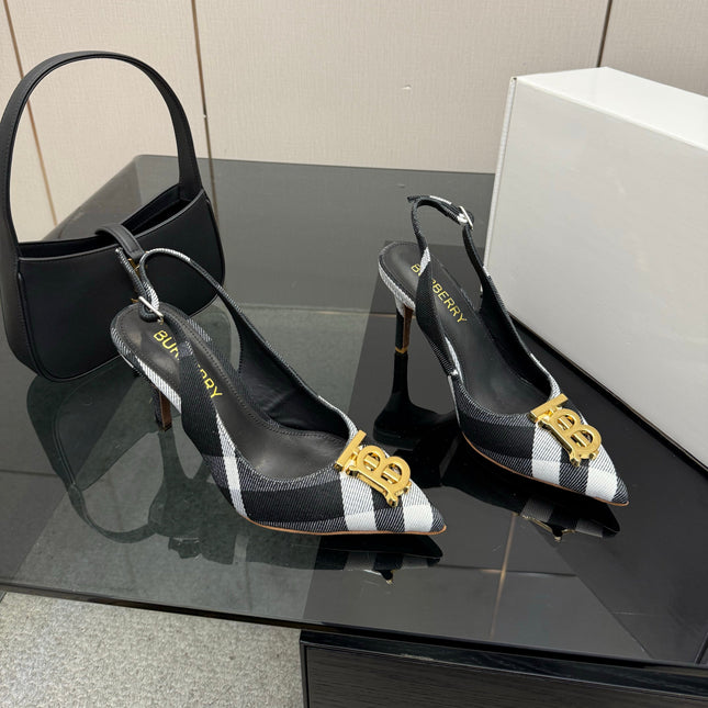 BURBERRY 26S SLINGBACK HEELS 85 MM IN STRIPED COLOR COORDINATION FABRIC WITH GOLD HARDWARE STYLE 6