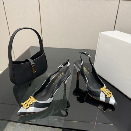 BURBERRY 26S SLINGBACK HEELS 85 MM IN STRIPED COLOR COORDINATION FABRIC WITH GOLD HARDWARE STYLE 6