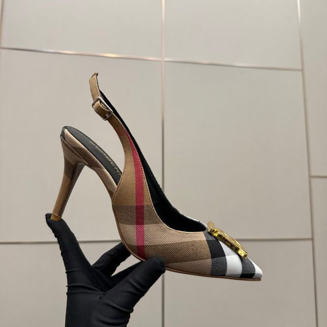 BURBERRY 26S SLINGBACK HEELS 85 MM IN STRIPED COLOR COORDINATION FABRIC WITH GOLD HARDWARE STYLE 5