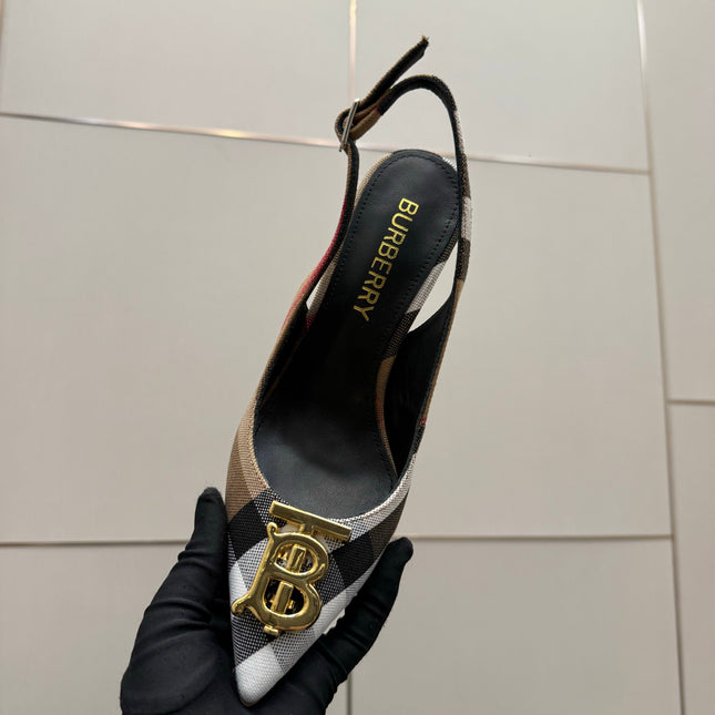 BURBERRY 26S SLINGBACK HEELS 85 MM IN STRIPED COLOR COORDINATION FABRIC WITH GOLD HARDWARE STYLE 5