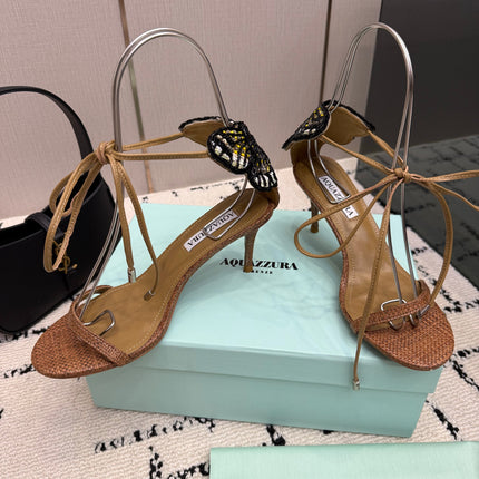 AQUAZZURA 26S HEEL SANDALS 80 MM IN BROWN WOVEN FABRIC