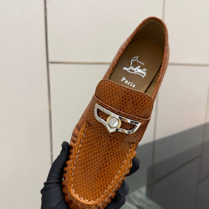 CHRISTIAN LOUBOUTIN 26S LOAFERS IN COGNAC BROWN SNAKE-EMBOSSED CALFSKIN