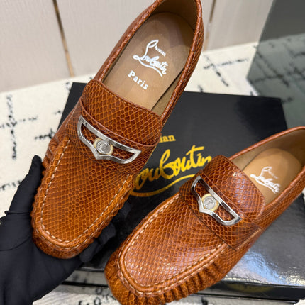 CHRISTIAN LOUBOUTIN 26S LOAFERS IN COGNAC BROWN SNAKE-EMBOSSED CALFSKIN