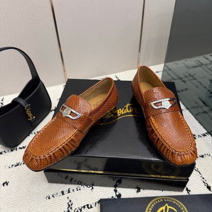 CHRISTIAN LOUBOUTIN 26S LOAFERS IN COGNAC BROWN SNAKE-EMBOSSED CALFSKIN