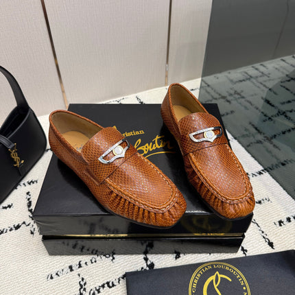CHRISTIAN LOUBOUTIN 26S LOAFERS IN COGNAC BROWN SNAKE-EMBOSSED CALFSKIN