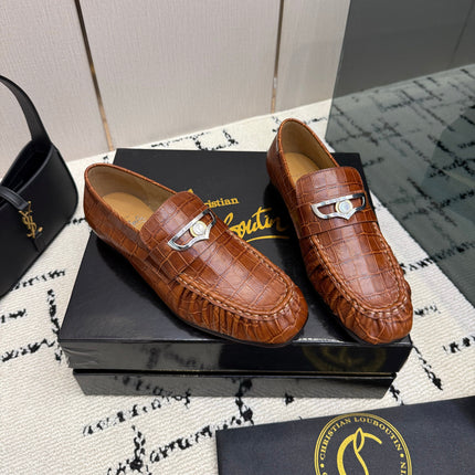 CHRISTIAN LOUBOUTIN 26S LOAFERS IN COGNAC BROWN CROCODILE-EMBOSSED CALFSKIN