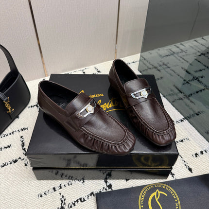 CHRISTIAN LOUBOUTIN 26S LOAFERS IN DARK BROWN CALFSKIN WITH SILVER HARDWARE