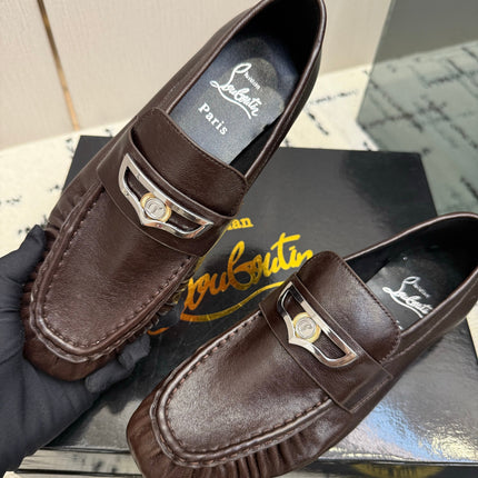 CHRISTIAN LOUBOUTIN 26S LOAFERS IN DARK BROWN CALFSKIN WITH SILVER HARDWARE