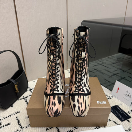 CHRISTIAN LOUBOUTIN 26S LACE-UP HEEL BOOTS 100 MM IN BLACK MIX BEIGE PRINT SATIN