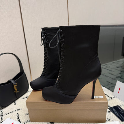 CHRISTIAN LOUBOUTIN 26S LACE-UP HEEL BOOTS 100 MM IN BLACK SATIN