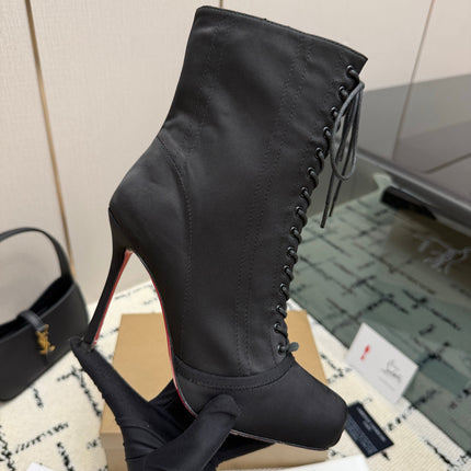 CHRISTIAN LOUBOUTIN 26S LACE-UP HEEL BOOTS 100 MM IN BLACK SATIN