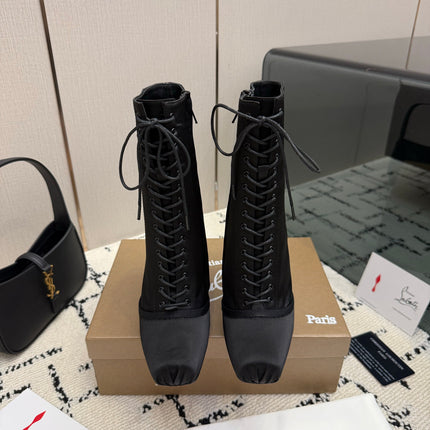CHRISTIAN LOUBOUTIN 26S LACE-UP HEEL BOOTS 100 MM IN BLACK SATIN