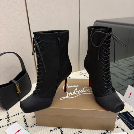 CHRISTIAN LOUBOUTIN 26S LACE-UP HEEL BOOTS 100 MM IN BLACK SATIN