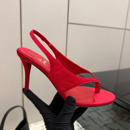 CHRISTIAN LOUBOUTIN 26S THONG SLINGBACK HEELS 85 MM IN RED SATIN