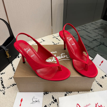 CHRISTIAN LOUBOUTIN 26S THONG SLINGBACK HEELS 85 MM IN RED SATIN